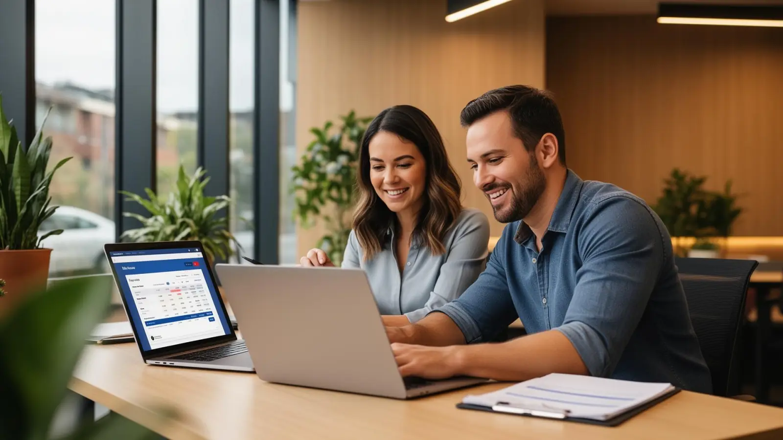 Australian HR manager and payroll manager reviewing HRIS payroll integration on laptops in a Melbourne office