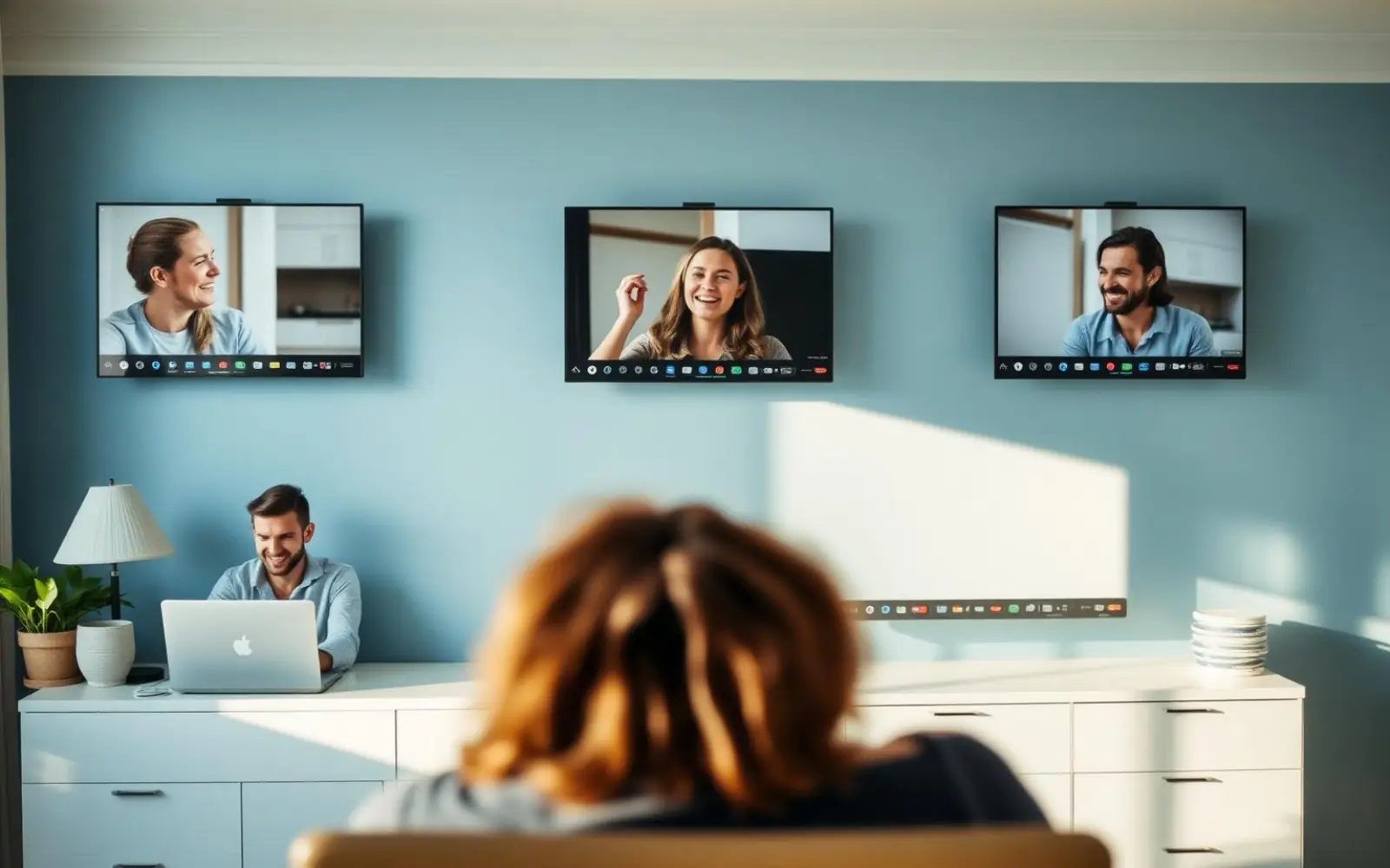 Remote colleagues laughing together during an online team game