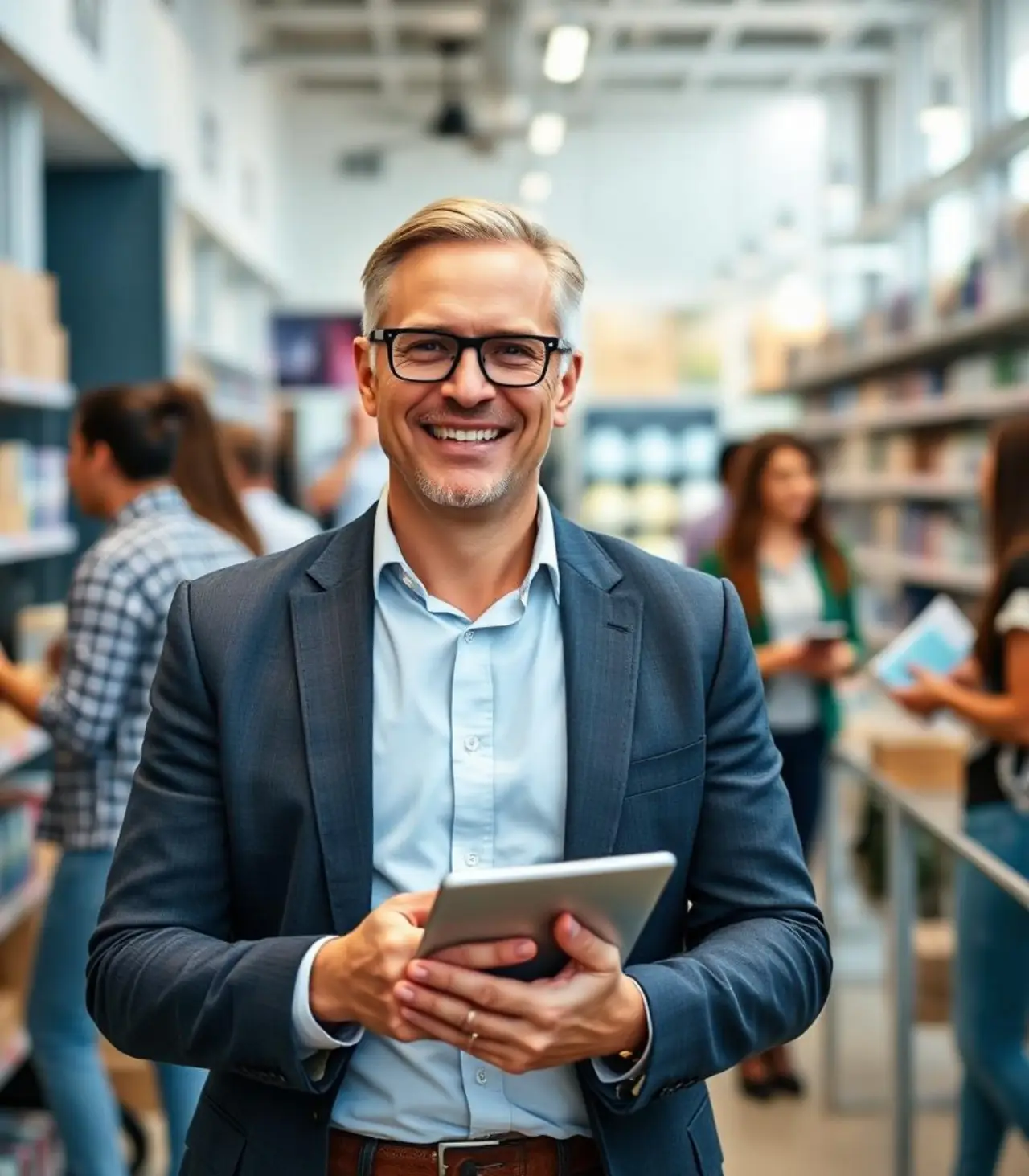 Retail manager using a tablet in a busy store