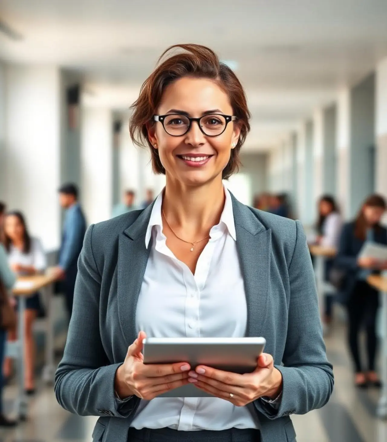 Education administrator using a tablet in a busy school