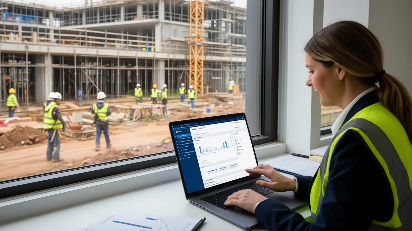 Australian construction HR manager in Melbourne head office reviewing multi-state workforce compliance