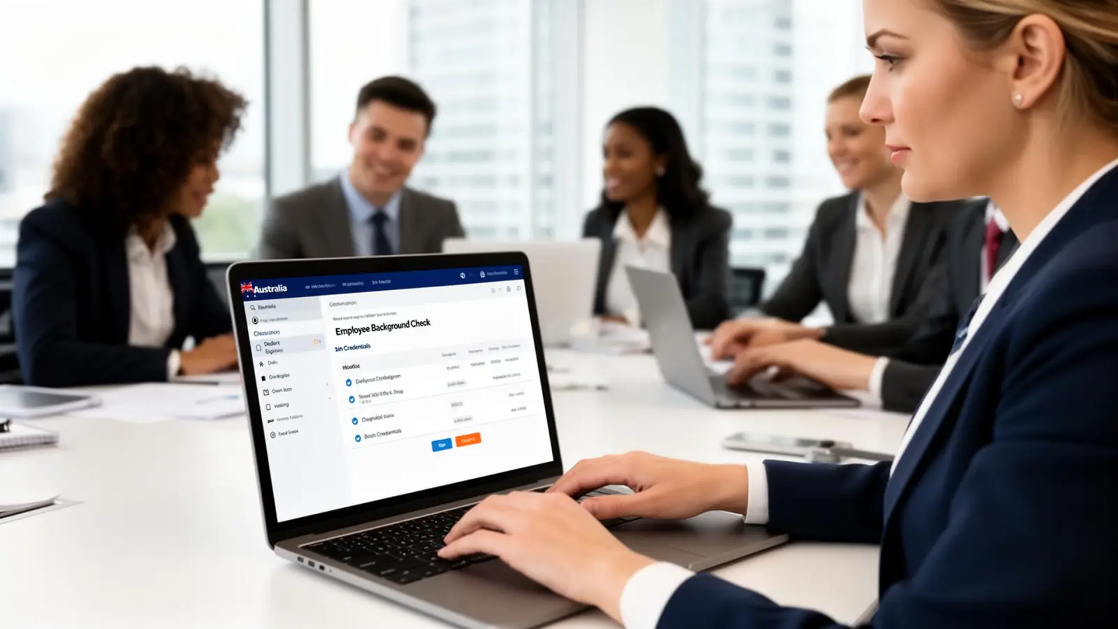 Australian HR compliance manager reviewing employee background checks and credential expiry dashboard