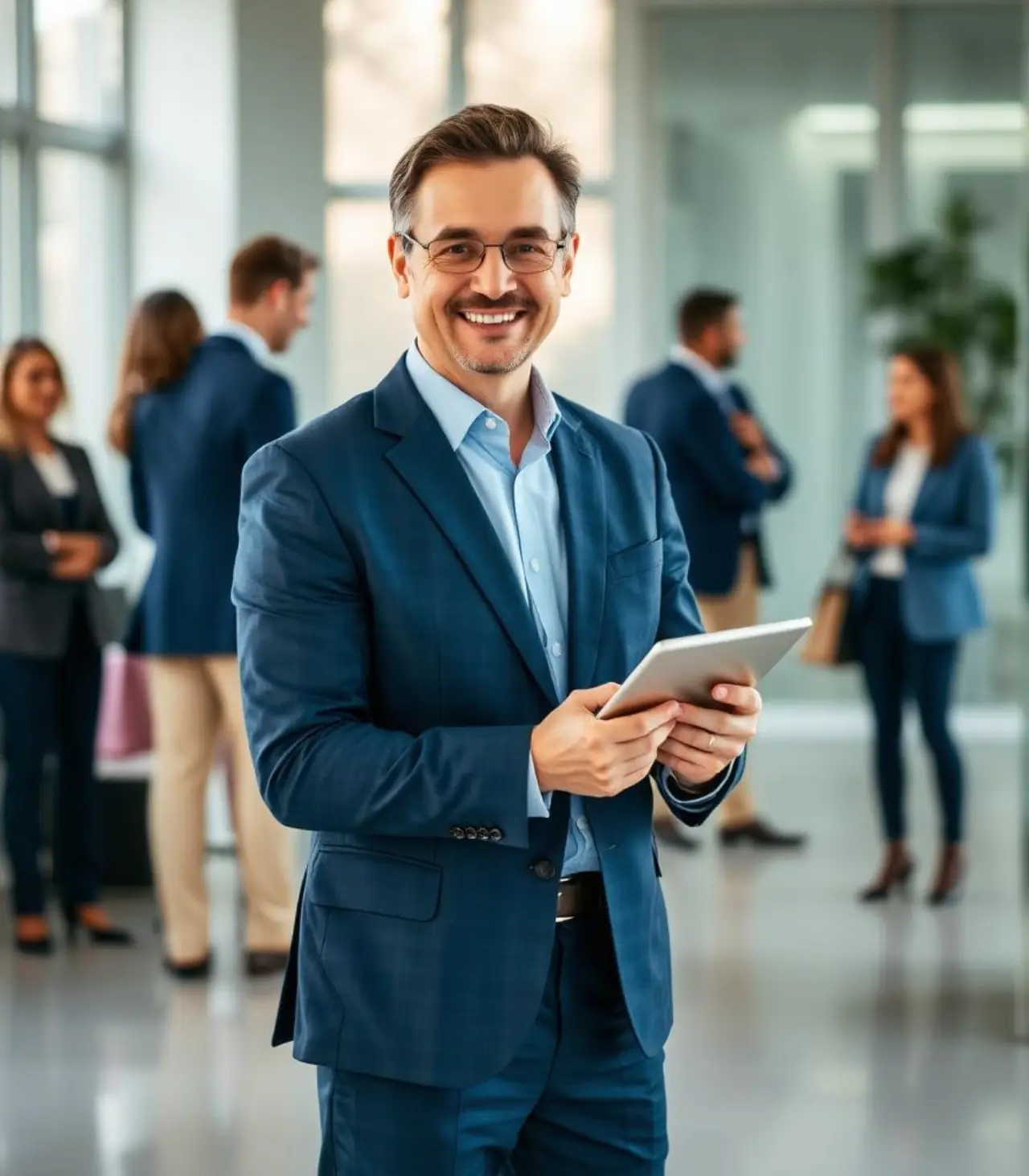 Finance leader using a tablet with colleagues in an office