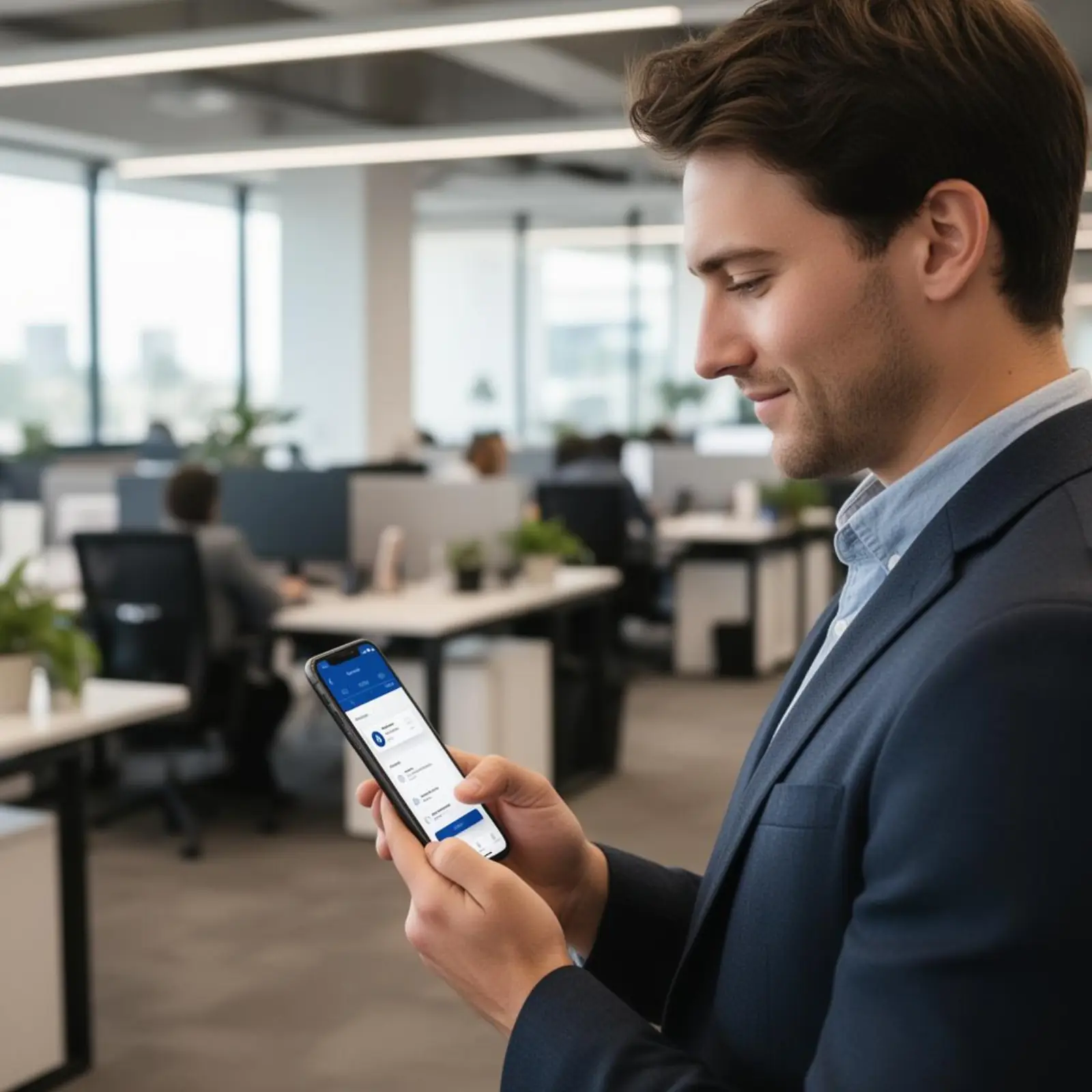 Australian employee using a mobile employee self-service HRIS app in a modern open-plan office