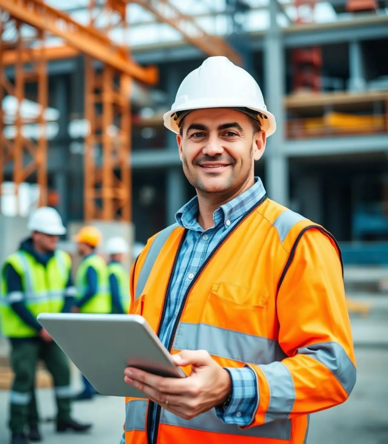 Construction manager using a tablet on a building site
